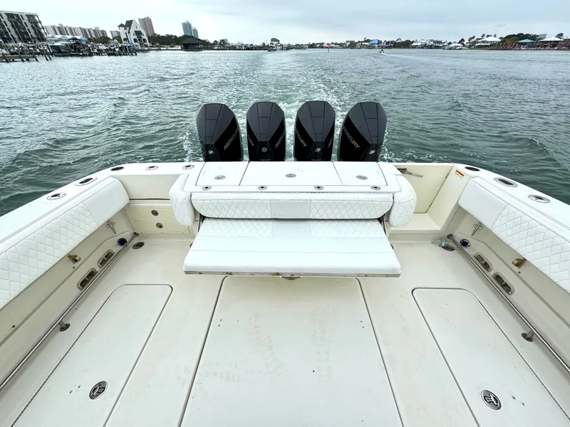 Slide: The Image of 2009 Hydra-Sports Vector 4100CC with four outboard engines on the water. - 29