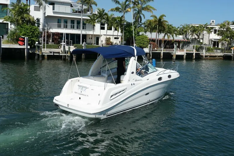 Slide: The Image of 2008 Sea Ray Sundancer 260 cruising near waterfront homes, featuring a blue canopy. - 17