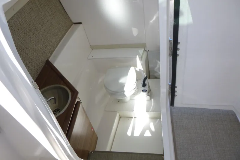 Slide: The Image of Compact bathroom in 2026 Solara S-250 DC boat with toilet and sink. - 19