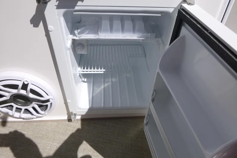 Slide: The Image of Open refrigerator in Solara S-250 DC boat, 2026 model, with speaker nearby. - 26