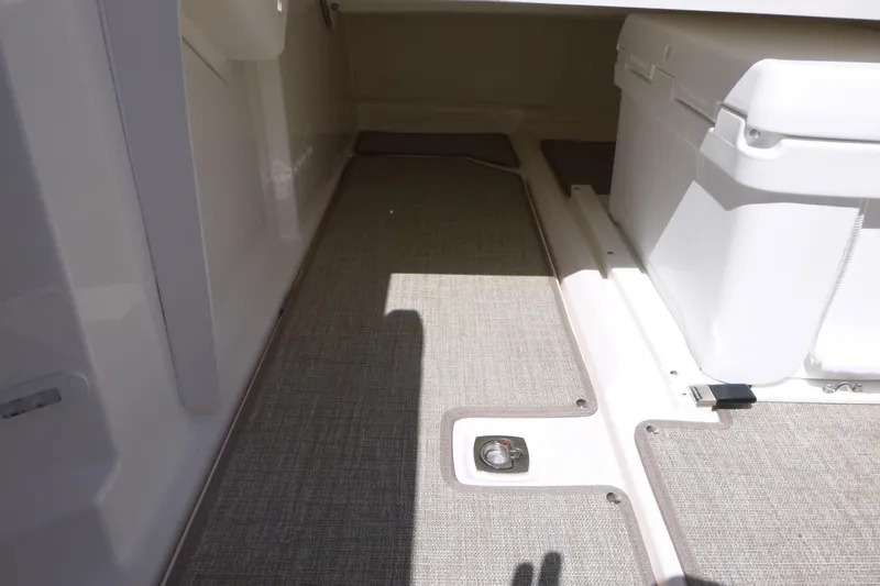 Slide: The Image of Interior view of 2026 Solara S-250 DC boat with carpeted flooring and storage compartment. - 28