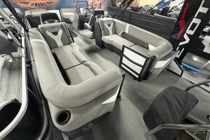 Slide: The Image of Luxurious interior of 2026 Evotti 523QL boat with plush seating and modern design. - 2