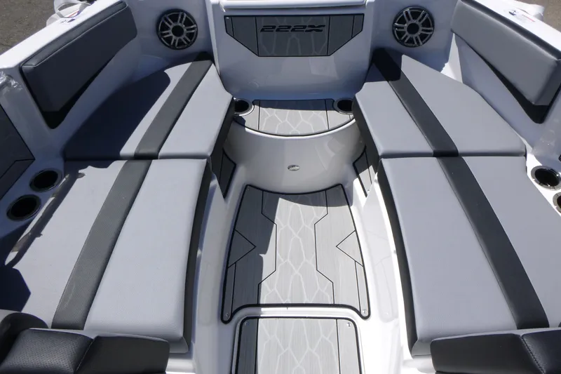 Slide: The Image of 2026 Yamaha Boats 222XD interior with gray seating and modern design. - 6