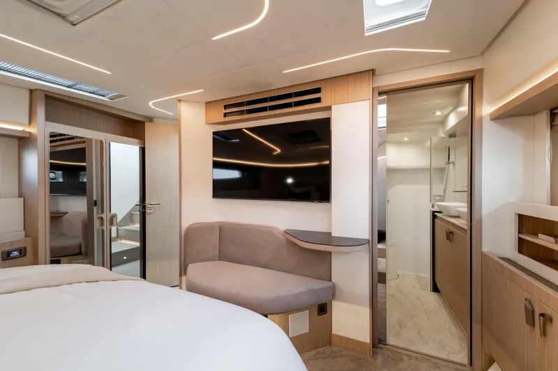Slide: The Image of Luxurious interior of 2025 Prestige F4.9 yacht with modern design and amenities. - 30