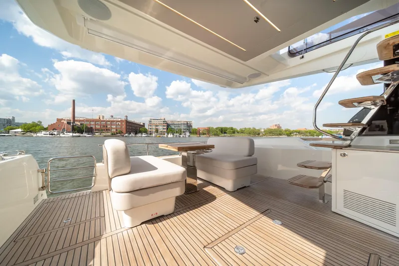 Slide: The Image of Luxurious Prestige F4.9 yacht deck with seating, overlooking waterfront cityscape, 2025 model. - 42