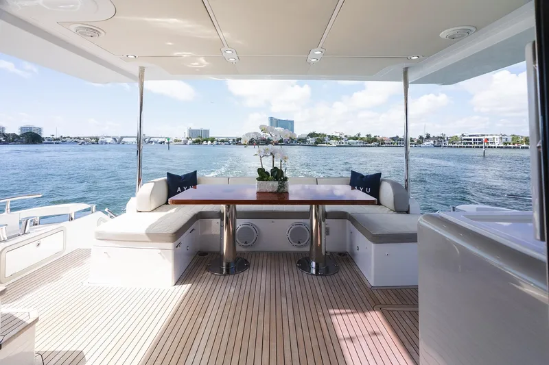 Slide: The Image of Luxurious 2017 Azimut Fly 72 yacht deck with elegant seating and scenic waterfront view. - 60