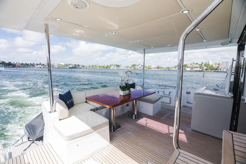Slide: The Image of Luxurious 2017 Azimut Fly 72 yacht deck with elegant seating and scenic water views. - 61