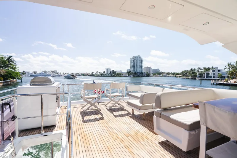 Slide: The Image of Luxurious 2017 Azimut Fly 72 yacht deck with scenic waterfront view. - 71