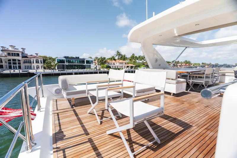 Slide: The Image of Luxurious deck of 2017 Azimut Fly 72 yacht with elegant seating and waterfront view. - 72