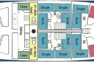 Slide: The Image of Floor plan of a 1962 Classic Coasting Schooner with bunks, galley, and crew areas. - 21
