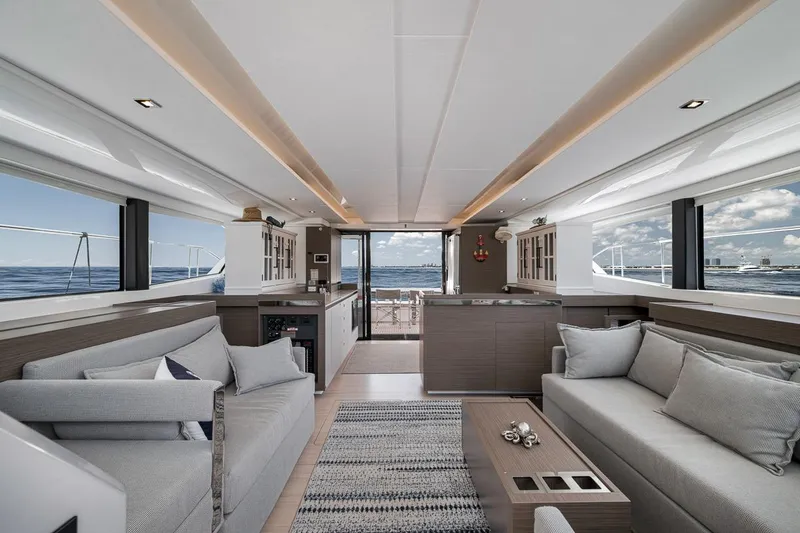 Slide: The Image of Luxurious interior of 2024 Leopard 46 Powercat yacht with modern furnishings and ocean view. - 46