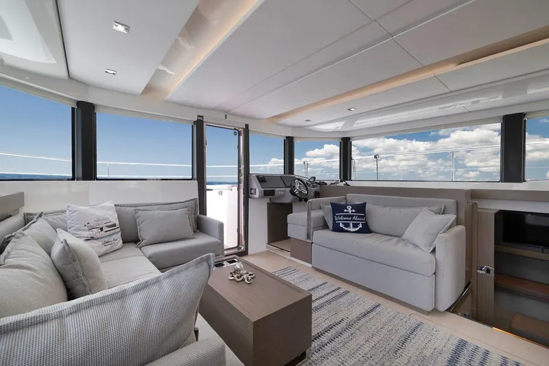 Slide: The Image of Luxurious interior of 2024 Leopard 46 Powercat yacht with modern furnishings and panoramic windows. - 51