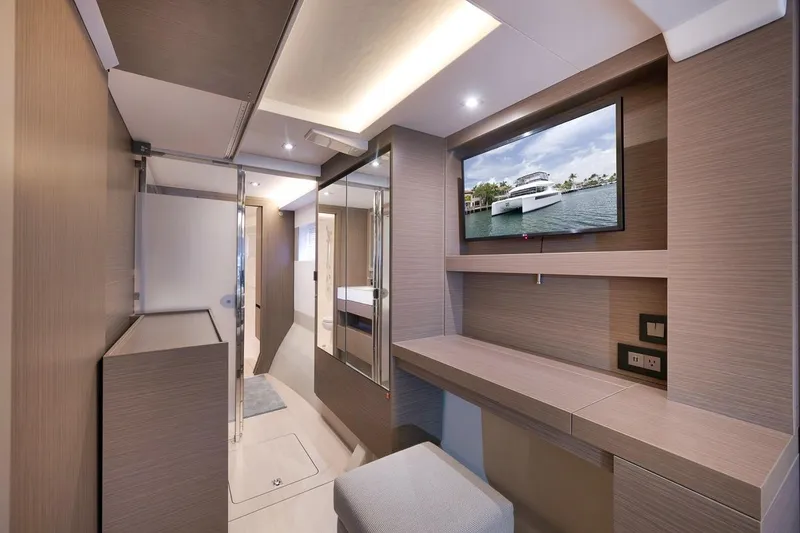 Slide: The Image of Interior of 2024 Leopard 46 Powercat yacht with modern design and wall-mounted TV. - 63