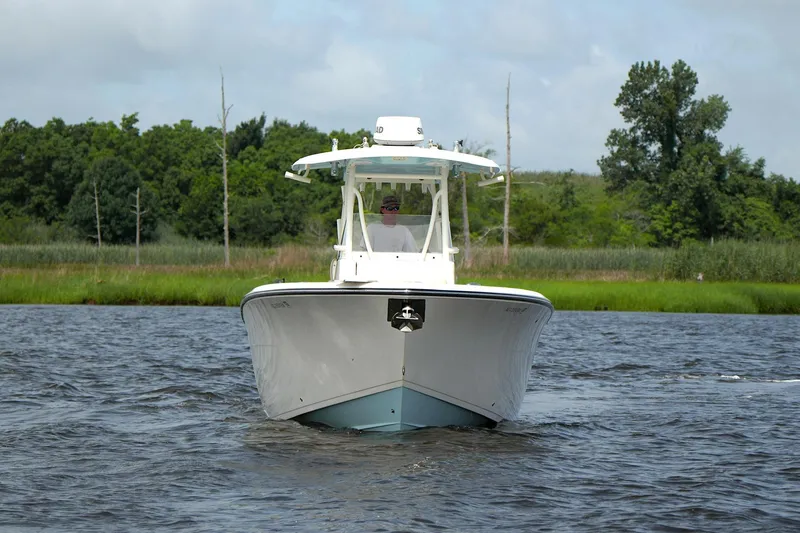 Slide: The Image of 2016 Cobia 296 Center Console boat cruising on a scenic river. - 1
