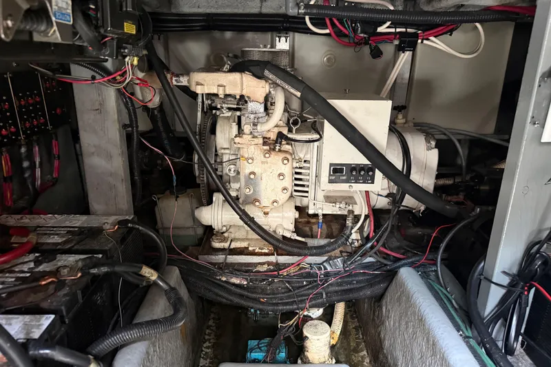 Slide: The Image of Engine compartment of a 1996 Sea Ray 400 Express Cruiser with visible wiring and components. - 60