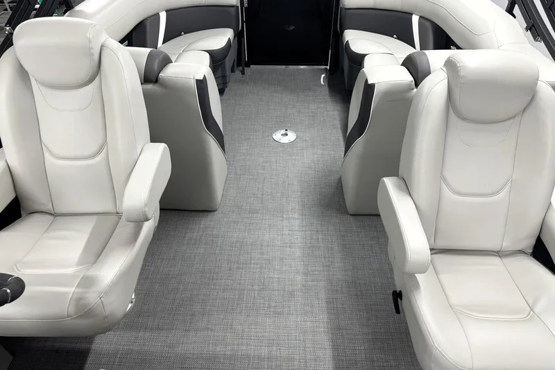 Slide: The Image of Luxurious interior of 2025 Sylvan Mirage X X5 pontoon boat with plush seating. - 14
