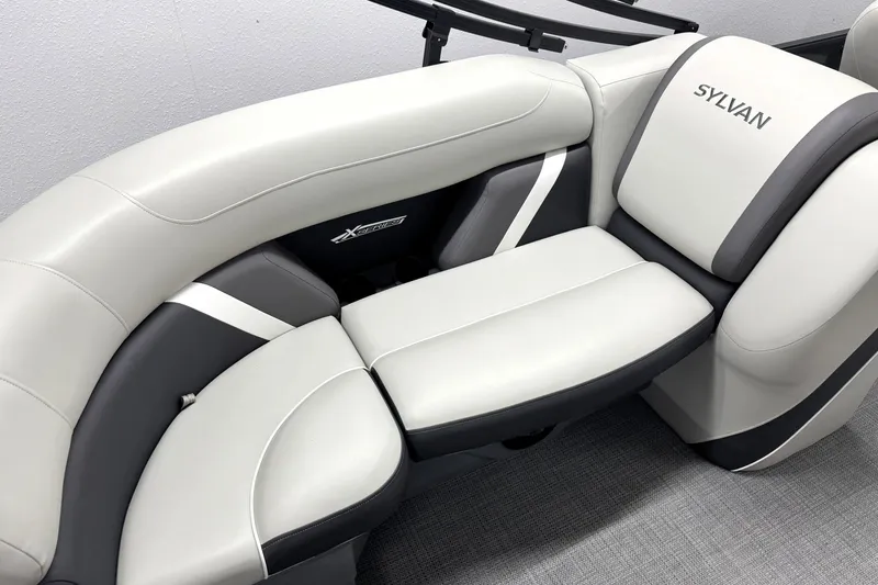 Slide: The Image of 2025 Sylvan Mirage X X5 boat interior with sleek, modern seating design. - 16