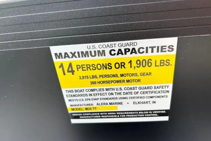 Slide: The Image of U.S. Coast Guard capacity label for Alera M25L, 2026 model, 14 persons or 1,906 lbs. - 14