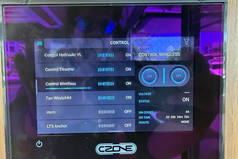 Slide: The Image of Control panel display on a 2022 Sealine C430 yacht, showing various system statuses. - 96