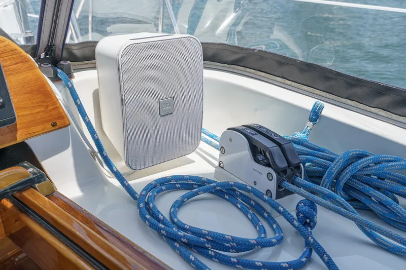 Slide: The Image of Hinckley Sou'wester 52 yacht deck with JBL speaker and blue ropes, 1998 model. - 28