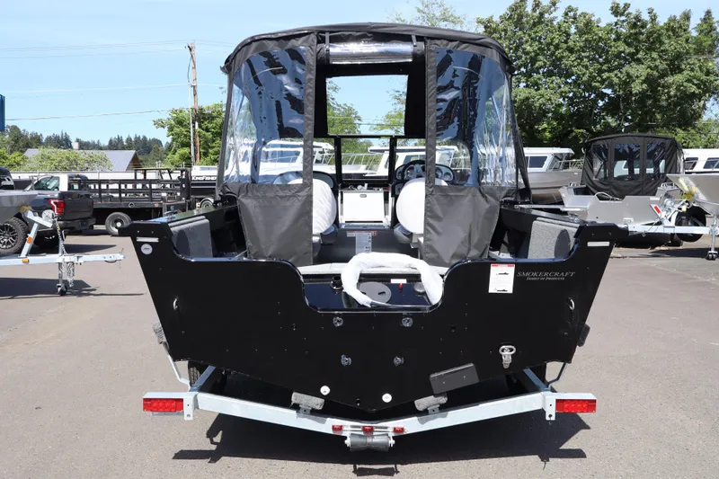 Slide: The Image of 2026 Smoker Craft Osprey 172 boat on trailer, rear view, outdoor display. - 4