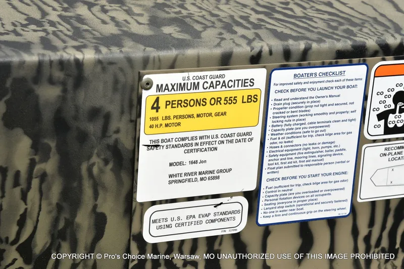 Slide: The Image of Tracker Grizzly 1648 Jon 2026 boat capacity label and checklist. - 19
