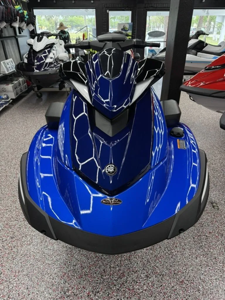 Slide: The Image of 2026 Yamaha WaveRunners VX1050AC in blue on display in showroom. - 2