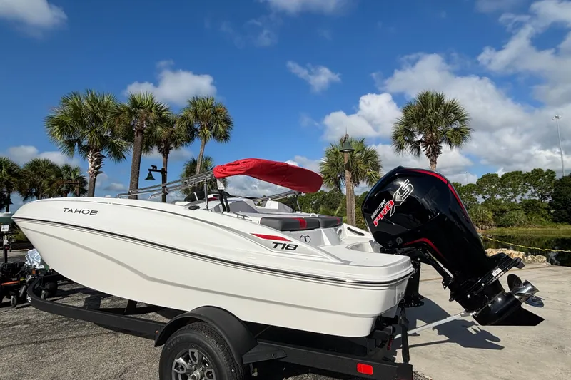 Slide: The Image of 2026 Tahoe T18 boat on trailer with outboard motor, set against palm trees and blue sky. - 2