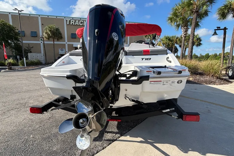 Slide: The Image of 2026 Tahoe T18 boat with outboard motor, parked outdoors near palm trees. - 3