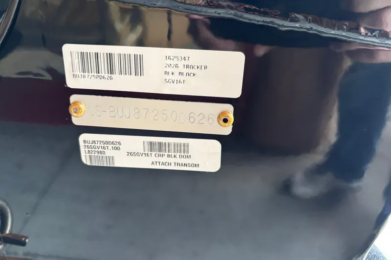 Slide: The Image of 2026 Tracker Super Guide V-16 T boat identification labels and serial numbers. - 7