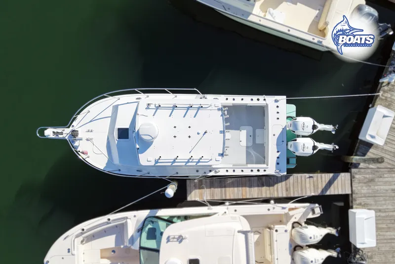 Slide: The Image of Top view of 2022 Steiger Craft 28 Miami boat docked at marina. - 22