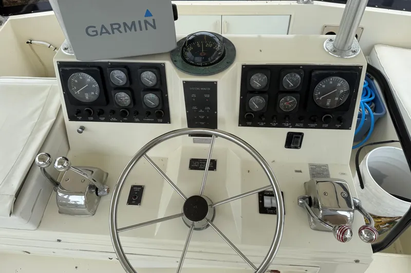 Slide: The Image of 1989 Viking 41 Convertible boat dashboard with Garmin GPS and various controls. - 10