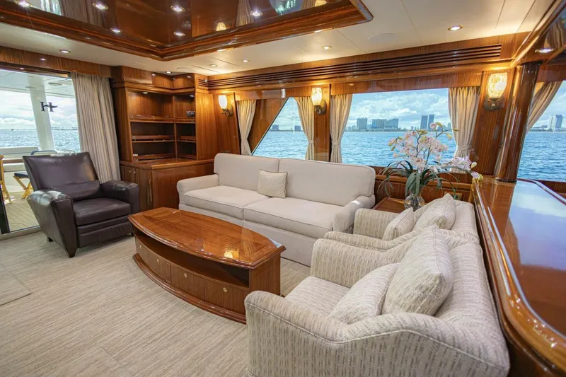 Slide: The Image of Luxurious 2009 Hargrave Enclosed Bridge yacht interior with elegant seating and ocean view. - 11
