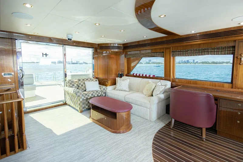 Slide: The Image of Luxurious 2009 Hargrave Enclosed Bridge yacht interior with elegant seating and ocean view. - 12