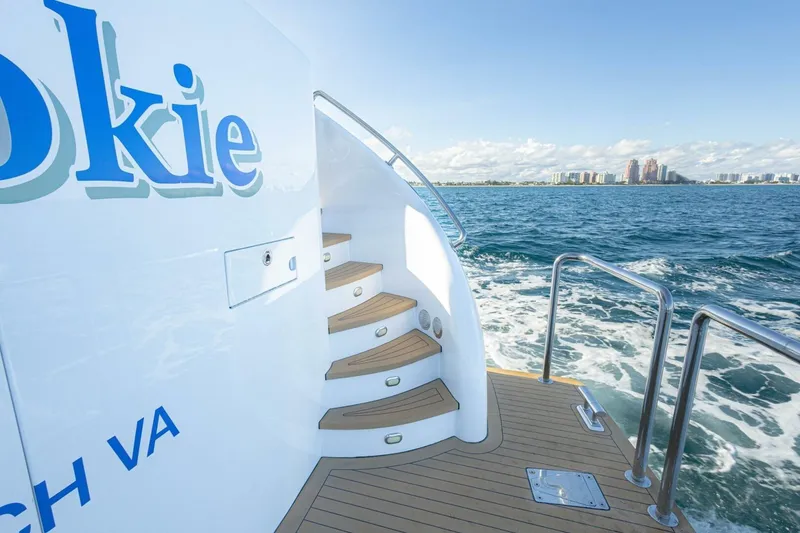 Slide: The Image of 2009 Hargrave Enclosed Bridge yacht with ocean view and elegant wooden steps. - 68