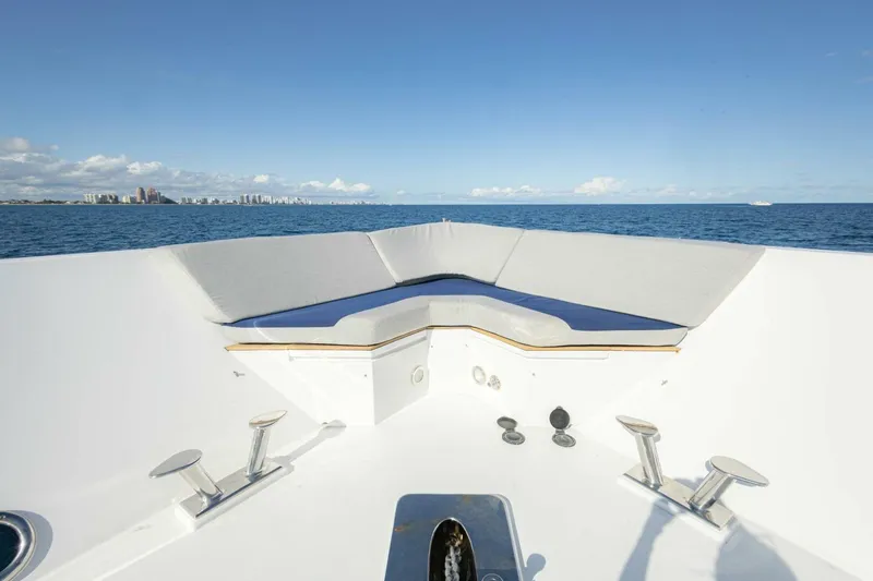 Slide: The Image of Bow view of 2009 Hargrave Enclosed Bridge yacht with ocean and city skyline. - 73