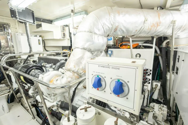 Slide: The Image of Engine room of 2009 Hargrave Enclosed Bridge yacht, featuring starboard engine controls. - 86