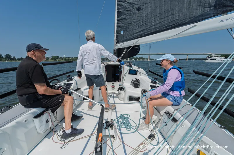 Slide: The Image of Three people sailing a 2020 Jeanneau Sun Fast 3300 on a sunny day. - 34