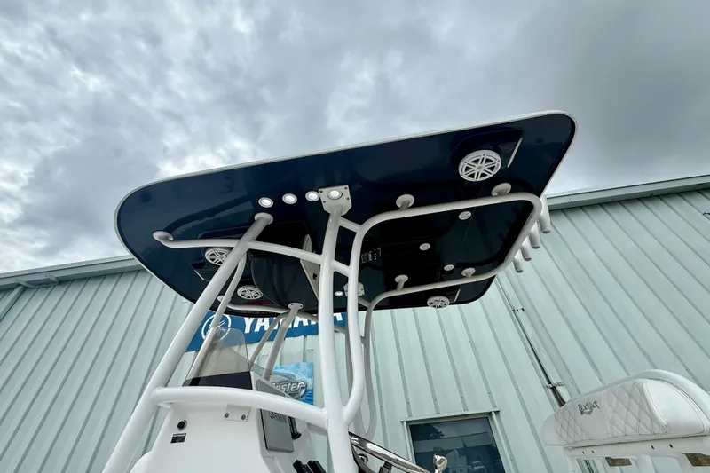 Slide: The Image of T-top of 2025 BlackJack 256 Coastal boat with speakers and rod holders, under cloudy sky. - 10
