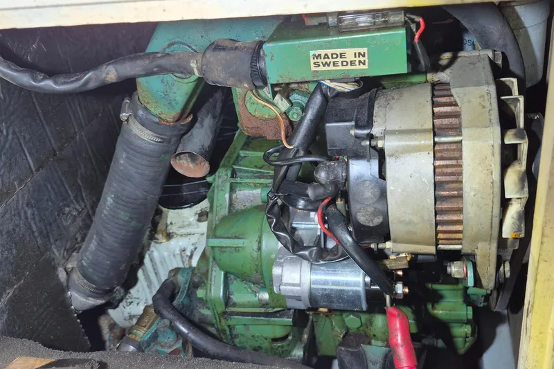 Slide: The Image of Engine compartment of a 1996 Morris Yachts Frances, featuring a Swedish-made engine. - 30