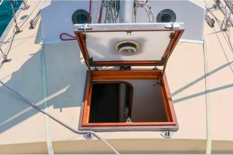Slide: The Image of Open hatch on 1996 Morris Yachts Frances sailboat deck, showcasing interior access. - 53