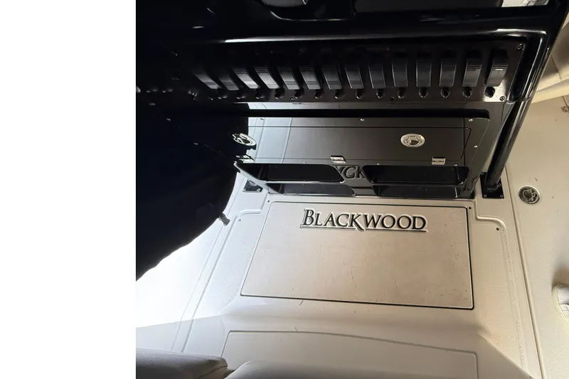 Slide: The Image of 2015 Blackwood 27 boat interior with branded flooring and storage compartments. - 17