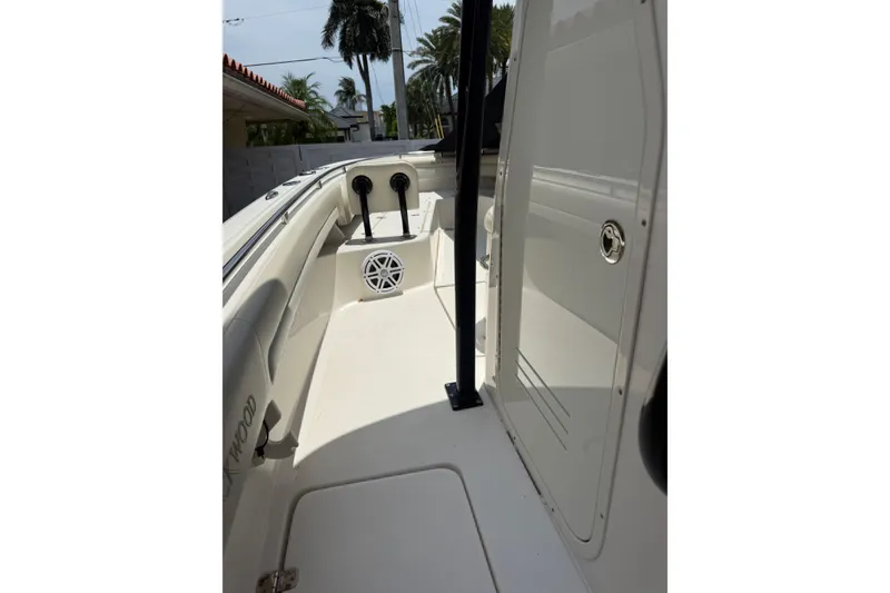 Slide: The Image of 2015 Blackwood 27 boat interior with speaker and storage compartment. - 20