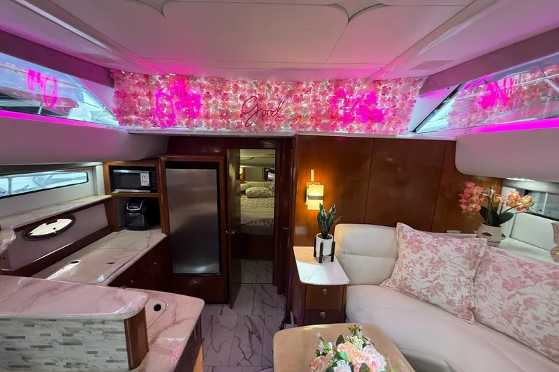 Slide: The Image of Luxurious interior of 2007 Meridian 459 Motoryacht with plush seating and ambient lighting. - 74