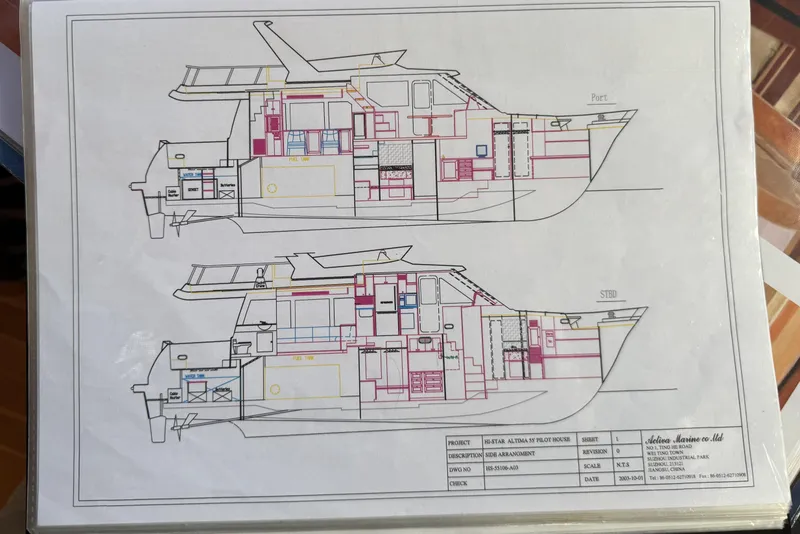 Slide: The Image of Blueprint of 2003 Altima 55 Pilothouse yacht, detailed side arrangement view. - 69