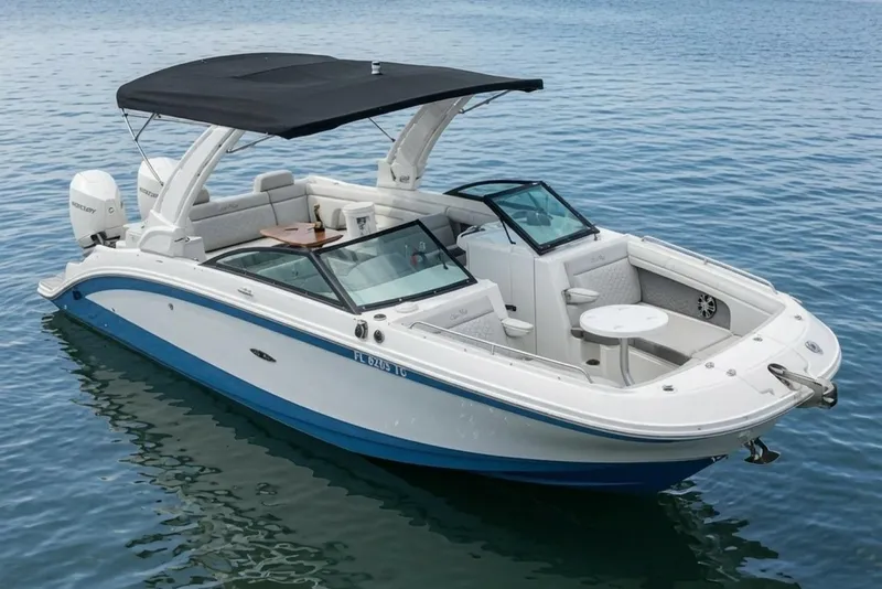 The Image of 2023 Sea Ray 290 Amberjack boat with canopy on calm water. - 1