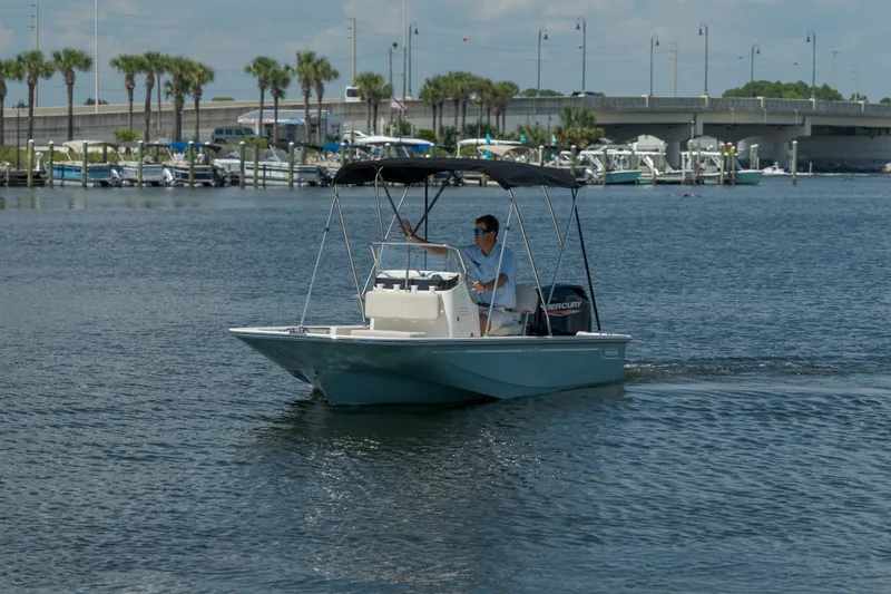 Slide: The Image of A 2027 Boston Whaler 150 Montauk cruising on calm waters with a bridge in the background. - 8