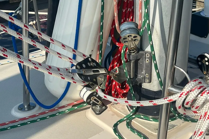 Slide: The Image of Close-up of rigging on a 1994 Island Packet 44 cutter sailboat. - 21