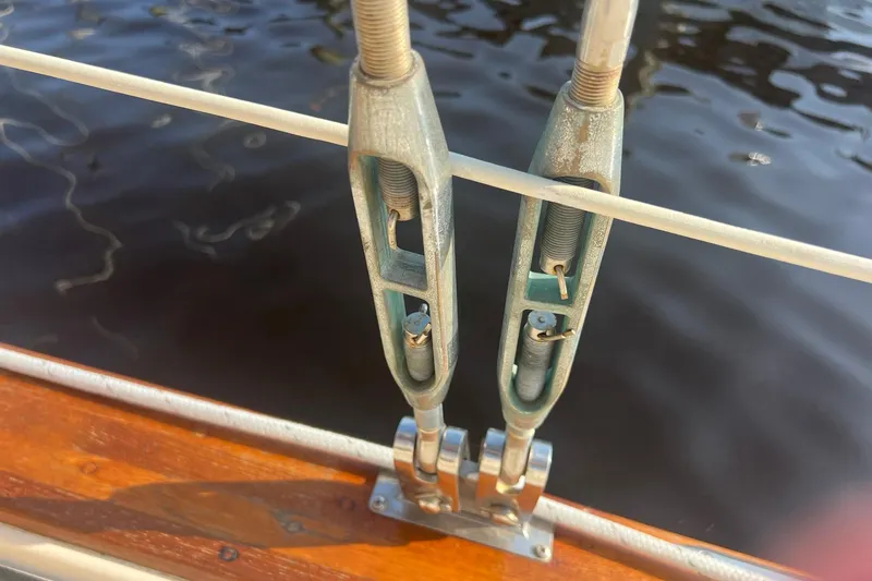 Slide: The Image of Close-up of rigging on a 1994 Island Packet 44 cutter sailboat. - 37