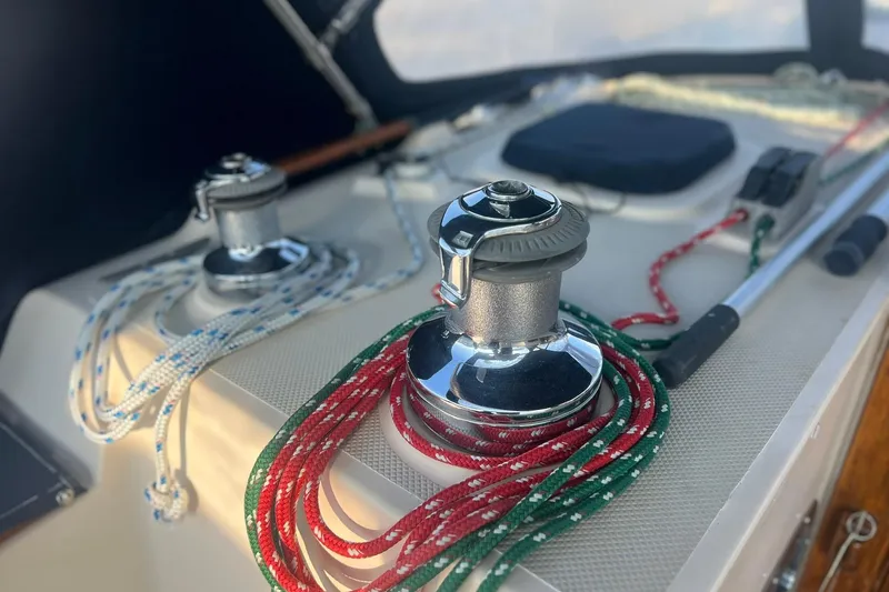 Slide: The Image of Winches and ropes on a 1994 Island Packet 44 cutter sailboat deck. - 40